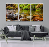 98096-MGV-CV-36X24-Serene River Waterfall Nature Photo – Calm Clear Water, Vibrant Green Forest and Smooth Stones Landscape Wall Art for Home or
