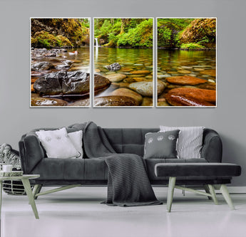 98096-MGV-CV-36X24-Serene River Waterfall Nature Photo – Calm Clear Water, Vibrant Green Forest and Smooth Stones Landscape Wall Art for Home or