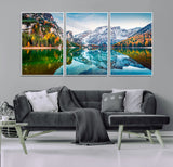 10402-MGV-CV-36X24-Snowy Mountain Lake Wall Art – Autumn Landscape Canvas Print with Reflection, Nature Decor for Living Room, Office, Bedroom or