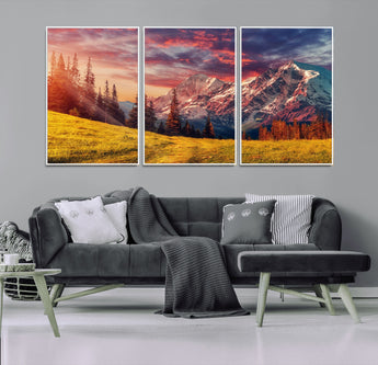 83947-MGV-FC-60X30-3P_White-Sunset Mountain Landscape Wall Art – Panoramic Alpine Meadow and Snow Capped Peaks Canvas Print, Nature Scenic Decor for Home,