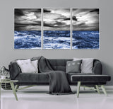 36012-MGV-CV-36X24-Dramatic Stormy Ocean Waves Black and White with Deep Blue Highlights – Moody Seascape Wall Art, Nature Photography Print for Home