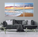 39560-MGV-FC-60X30-3P_White-Sunrise Beach Wall Art – Vibrant Ocean Waves and Golden Sand Canvas Print, Seaside Coastal Decor for Living Room, Bedroom or