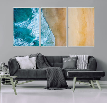 46640-MGV-CV-36X24-Aerial Beach Wall Art – Turquoise Waves and Golden Sand Canvas Print with Lone Surfer, Coastal Ocean Decor for Living Room,