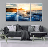 86173-MGV-CV-36X24-Golden Sunset Beach Wall Art – Reflective Ocean Canvas Print with Mountains and Waves, Coastal Nature Decor for Living Room,