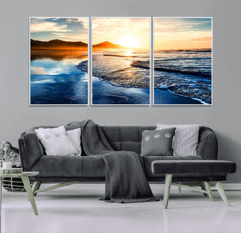 86173-MGV-CV-36X24-Golden Sunset Beach Wall Art – Reflective Ocean Canvas Print with Mountains and Waves, Coastal Nature Decor for Living Room,