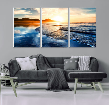 86173-MGV-CV-36X24-Golden Sunset Beach Wall Art – Reflective Ocean Canvas Print with Mountains and Waves, Coastal Nature Decor for Living Room,