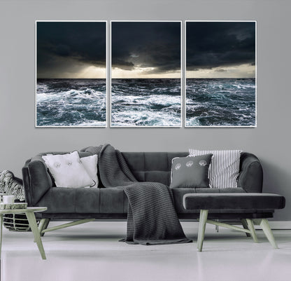 42607-MGV-FC-60X30-3P_White-Stormy Ocean Wall Art – Dramatic Sea and Sky Canvas Print with Sun Rays, Moody Nature Decor for Living Room, Office, Bedroom or