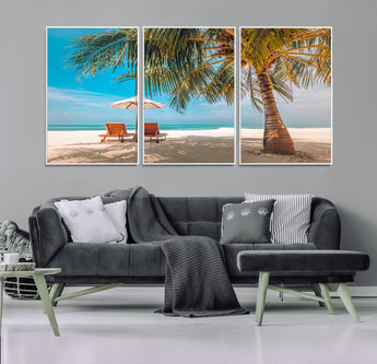 69754-MGV-CV-36X24-Tropical Beach Wall Art – Relaxing Palm Tree and Lounge Chairs Canvas Print, Serene Coastal Decor for Living Room, Bedroom, Office