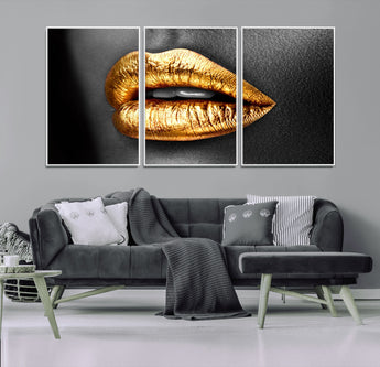 84747-MGV-FC-60X30-3P_White-Golden Lips Black & White Portrait – Glamorous Metallic Lip Art Print, Modern Wall Decor for Bedroom, Beauty & Fashion Lover Gift