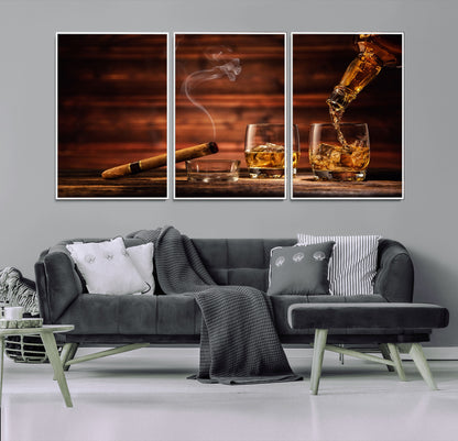 41139-MGV-CV-36X24-Whiskey and Cigar Still Life – Glasses with Ice and Pouring Amber Drink on Wooden Table with Smoke, Elegant Bar or Lounge Wall