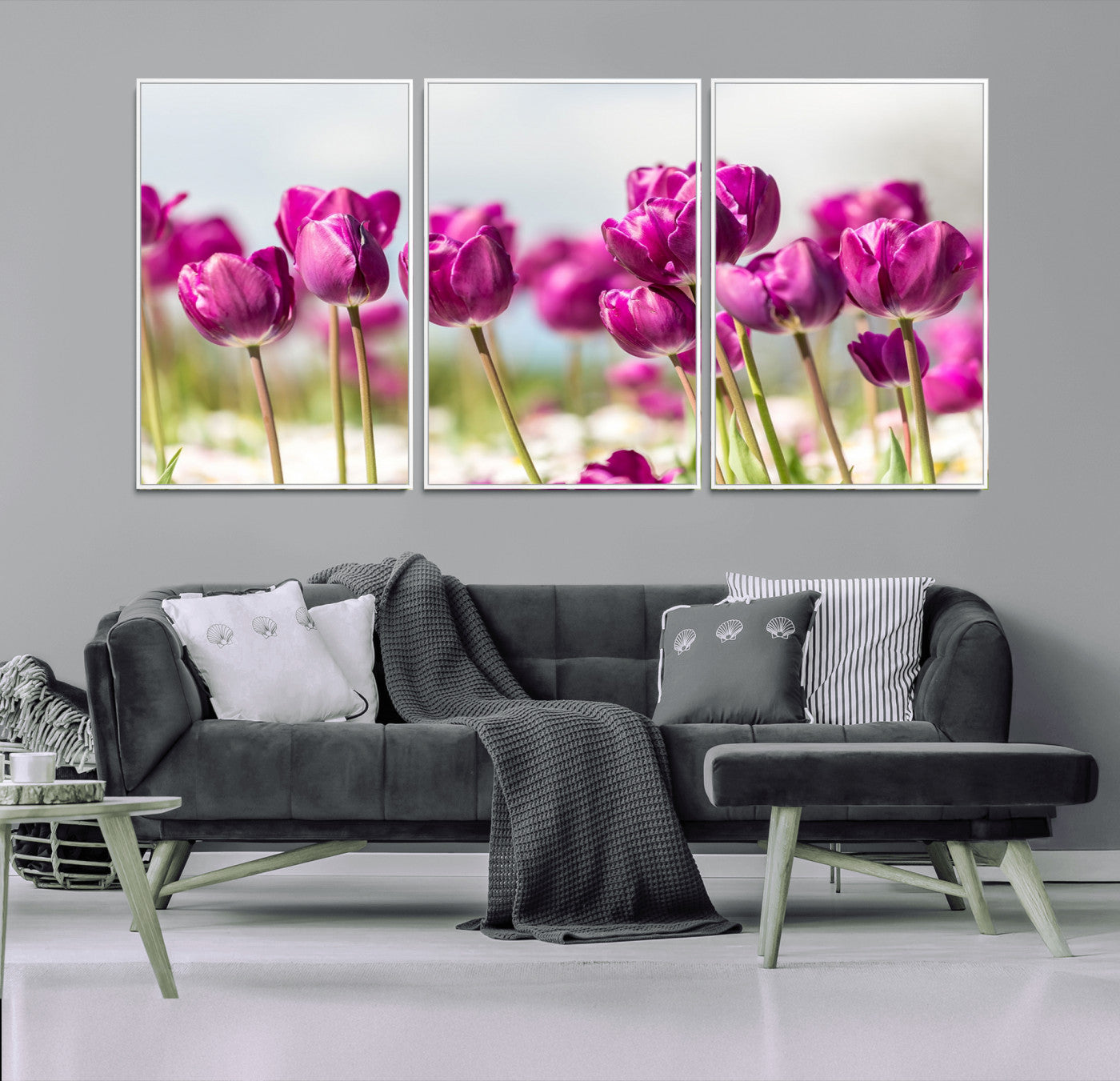 30632-MGV-CV-36X24-Purple Tulip Field Wall Art – Beautiful Spring Flowers Canvas Print with Soft Focus and Bright Sky, Ideal Floral Decor for Home or