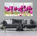 30632-MGV-CV-36X24-Purple Tulip Field Wall Art – Beautiful Spring Flowers Canvas Print with Soft Focus and Bright Sky, Ideal Floral Decor for Home or