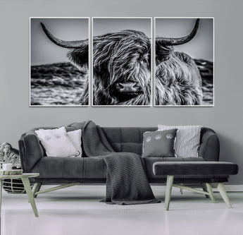 97372-MGV-CV-36X24-Elegant Highland Cow Wall Art – Black and White Canvas Print, Rustic Nature Decor for Home, Office, Living Room or Man Cave