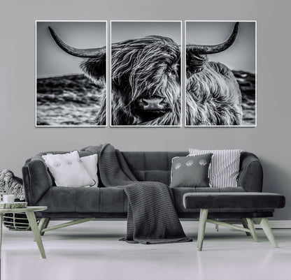 97372-MGV-CV-36X24-Elegant Highland Cow Wall Art – Black and White Canvas Print, Rustic Nature Decor for Home, Office, Living Room or Man Cave