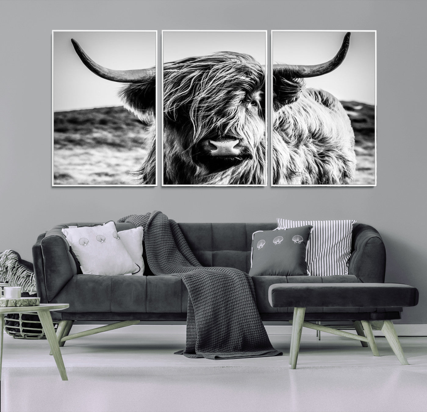 36979-MGV-CV-36X24-Striking black-and-white portrait of a Highland cow with flowing fur and majestic horns, perfect for rustic and elegant home or
