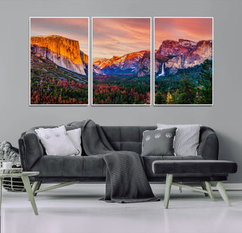 24519-MGV-CV-36X24-Yosemite Valley Sunset Wall Art – Majestic Mountain Landscape with Waterfall and Vibrant Sky, Nature Photography for Home or