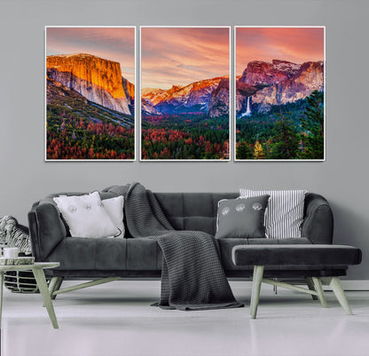 24519-MGV-CV-36X24-Yosemite Valley Sunset Wall Art – Majestic Mountain Landscape with Waterfall and Vibrant Sky, Nature Photography for Home or