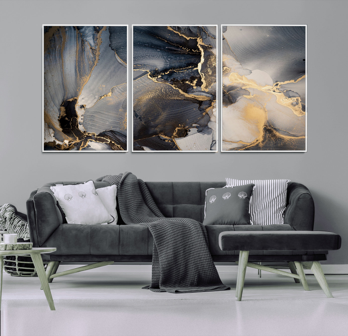 24068-MGV-CV-36X24-Luxury Abstract Wall Art – Gold & Gray Fluid Ink Painting Canvas, Modern Metallic Home Decor, Elegant Office or Living Room Accent