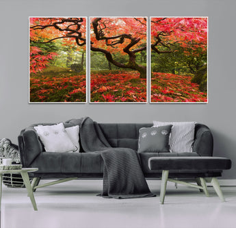 73343-MGV-FC-60X30-3P_White-Autumn Maple Wall Art – Panoramic Vibrant Red Maple Tree Canvas Print, Seasonal Nature Decor for Office, Living Room or Garden