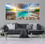 23769-MGV-FC-60X30-3P_White-Tropical Beach Sunset Wall Art – Ocean Waves and Rocky Shore Canvas Print, Coastal Seascape Photography Decor