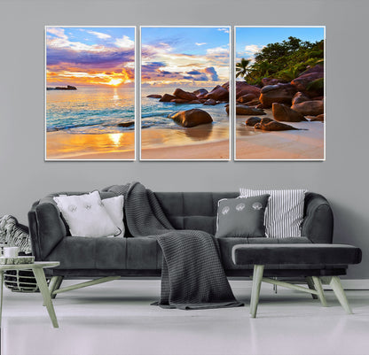 43209-MGV-FC-60X30-3P_White-Tropical Beach Sunset Wall Art – Golden Ocean Waves and Palm Trees with Rocky Shore Canvas Print, Coastal Seascape Decor for