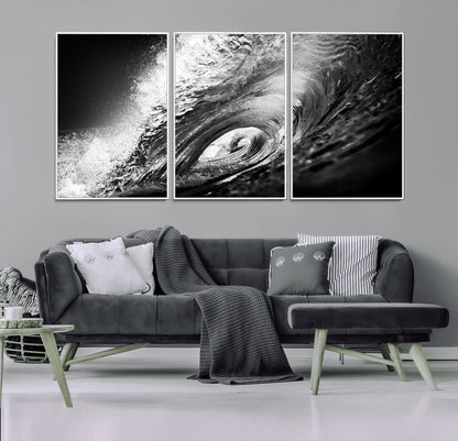 22702-MGV-FC-60X30-3P_White-Black and White Ocean Wave Wall Art – Powerful Surf Curl Photography Canvas Print, Modern Coastal Decor for Living Room, Office or