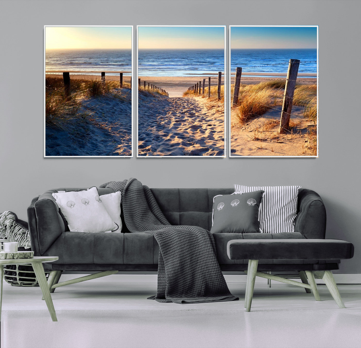 31889-MGV-FC-60X30-3P_White-Sandy Beach Pathway Wall Art – Coastal Dune Fence and Ocean View Canvas Print, Relaxing Seaside Landscape Decor for Living Room or