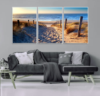 31889-MGV-FC-60X30-3P_White-Sandy Beach Pathway Wall Art – Coastal Dune Fence and Ocean View Canvas Print, Relaxing Seaside Landscape Decor for Living Room or