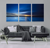65405-MGV-FC-60X30-3P_White-Blue Sunrise Seascape Wall Art – Tranquil Ocean Horizon Canvas Print with Golden Sunlight and Deep Sky, Coastal Landscape Decor