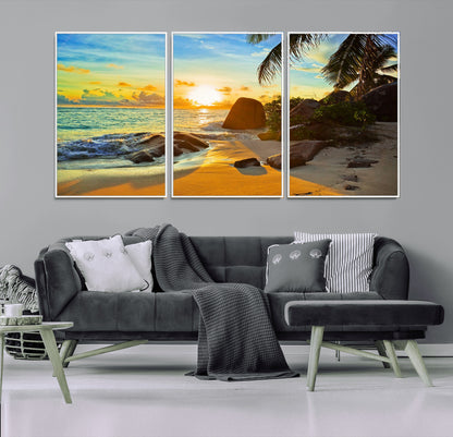 26181-MGV-FC-60X30-3P_White-Golden Tropical Sunset Beach Wall Art – Ocean Canvas Print with Palm Trees and Rocks, Coastal Paradise Decor for Living Room or