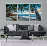 39679-MGV-FC-60X30-3P_White-Tropical Palm Beach Wall Art – Serene Ocean Canvas Print with Palm Trees and Rocks, Coastal Paradise Decor for Living Room or