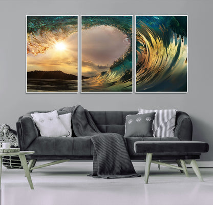 38256-MGV-FC-60X30-3P_White-Ocean Wave Wall Art – Stunning Sunrise Through Curling Wave Canvas Print, Coastal Surf Photography Seascape Decor for Living Room,