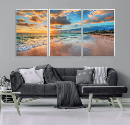 41572-MGV-FC-60X30-3P_White-Sunset Beach Wall Art – Ocean Waves and Palm Trees Canvas Print, Tropical Coastal Sunset Seascape Decor for Living Room, Bedroom