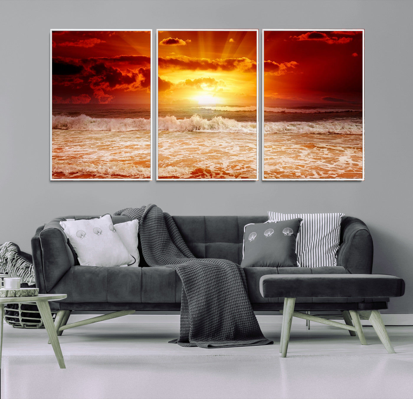 60211-MGV-FC-60X30-3P_White-Fiery Sunset Ocean Wall Art – Red Sky Seascape Canvas Print with Waves, Bold Coastal Sunset Decor for Living Room or Bedroom