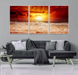 60211-MGV-FC-60X30-3P_White-Fiery Sunset Ocean Wall Art – Red Sky Seascape Canvas Print with Waves, Bold Coastal Sunset Decor for Living Room or Bedroom