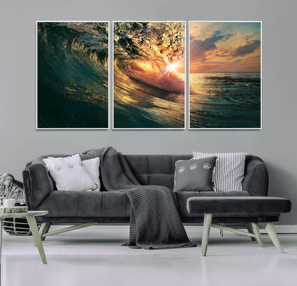 55359-MGV-FC-60X30-3P_White-Radiant Ocean Wave Wall Art – Panoramic Surf Canvas Print, Vibrant Sunset Beach Decor for Home, Office or Man Cave