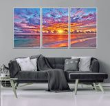 72836-MGV-FC-60X30-3P_White-Fiery Sunset Beach Wall Art – Panoramic Vibrant Ocean Canvas Print, Dramatic Coastal Decor for Living Room, Bedroom or Office