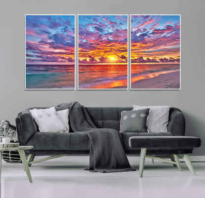 72836-MGV-FC-60X30-3P_White-Fiery Sunset Beach Wall Art – Panoramic Vibrant Ocean Canvas Print, Dramatic Coastal Decor for Living Room, Bedroom or Office