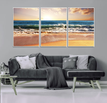 79005-MGV-FC-60X30-3P_White-Golden Sunrise Ocean Waves Wall Art – Panoramic Seashore Canvas Print, Calming Coastal Decor for Home, Office or Relaxation Space