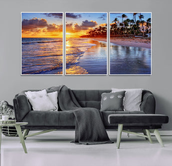 19917-MGV-FC-60X30-3P_White-Tropical Sunset Beach Wall Art – Panoramic Palm Trees and Ocean Canvas Print, Vibrant Coastal Decor for Living Room, Office or Man