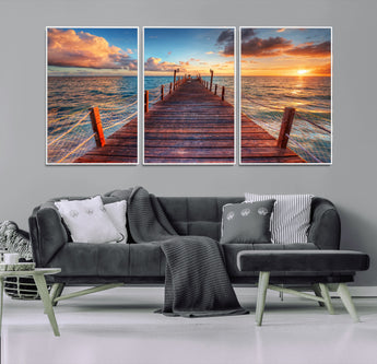 28836-MGV-FC-60X30-3P_White-Ocean Pier Sunset Wall Art – Wooden Dock and Golden Horizon Canvas Print, Coastal Seascape Photography for Living Room, Bedroom,
