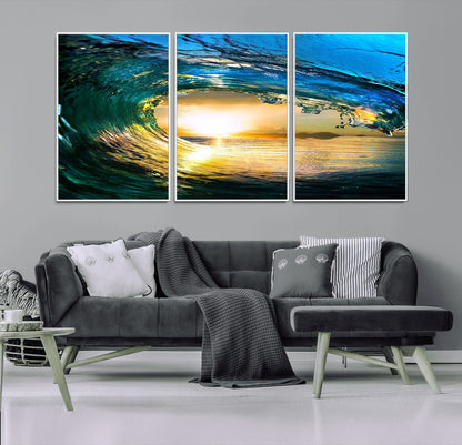 19378-MGV-FC-60X30-3P_White-Ocean Wave Sunset Wall Art – Vibrant Surf and Golden Horizon Canvas Print, Coastal Seascape Photography for Living Room, Bedroom,
