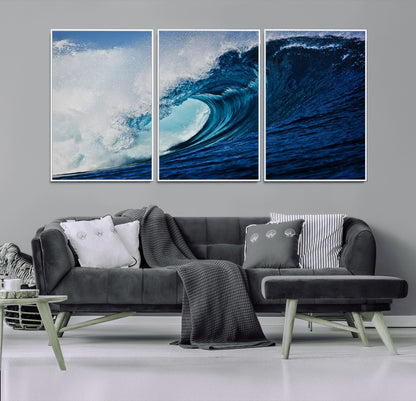 89502-MGV-FC-60X30-3P_White-Powerful Ocean Wave Wall Art – Panoramic Blue Sea Wave Canvas Print, Coastal Surf Photography Artwork for Living Room, Bedroom, or