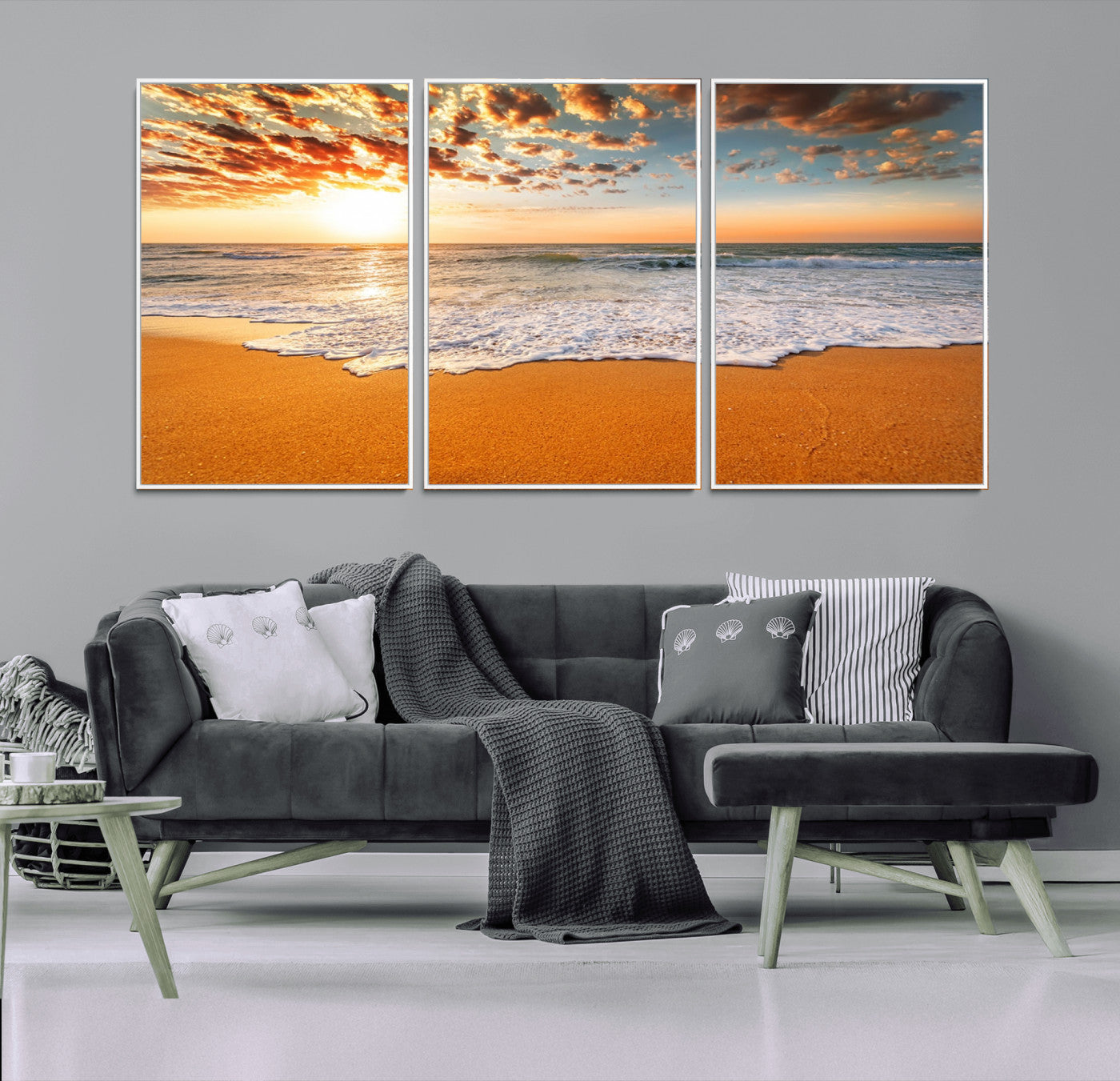 15399-MGV-FC-60X30-3P_White-Golden Sunrise Beach Wall Art – Ocean Waves on Sandy Shore Canvas Print, Coastal Seascape Decor for Living Room or Bedroom