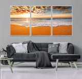 15399-MGV-FC-60X30-3P_White-Golden Sunrise Beach Wall Art – Ocean Waves on Sandy Shore Canvas Print, Coastal Seascape Decor for Living Room or Bedroom