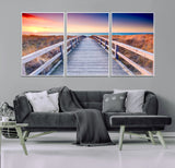 60625-MGV-FC-60X30-3P_White-Beach Boardwalk Sunrise Wall Art – Coastal Pathway to Ocean Canvas Print, Seaside Landscape Decor for Home or Office