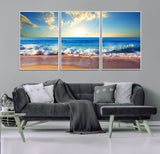 50522-MGV-FC-60X30-3P_White-Ocean Sunrise Wall Art – Peaceful Beach Waves and Golden Horizon Canvas Print, Coastal Seascape Decor for Home or Office