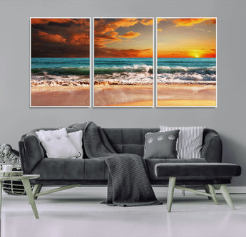 72948-MGV-FC-60X30-3P_White-Ocean Sunset Wave Wall Art – Dramatic Seascape Canvas Print with Golden Sky and Crashing Waves, Coastal Beach Decor for Living