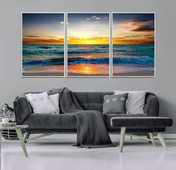 50627-MGV-FC-60X30-3P_White-Ocean Sunset Wall Art – Serene Beach Canvas Print with Waves and Golden Sky, Coastal Decor for Living Room or Office