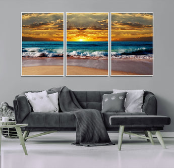 83389-MGV-FC-60X30-3P_White-Ocean Sunrise Wall Art – Vibrant Beach Waves Canvas Print, Coastal Seascape Decor for Living Room or Office